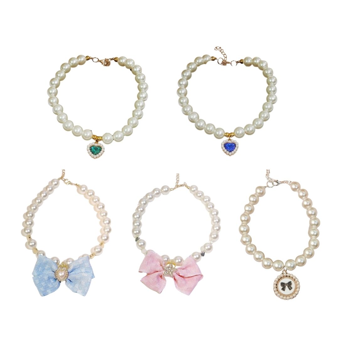 Pet Pearl Gem Bow Collar Necklace